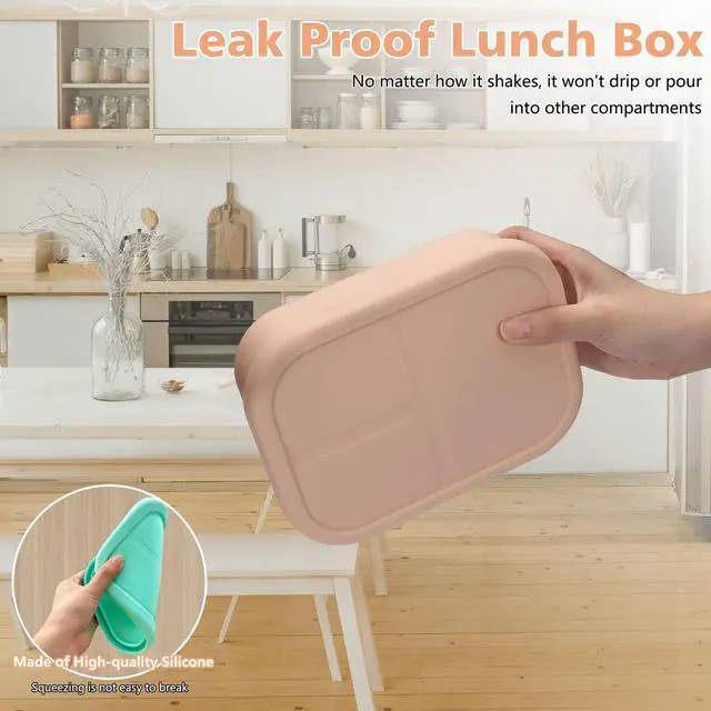 Alt view image 3 of 7 - Leak-proof Silicone Bento Lunch Box, Silicone Lunch Container with 3 Individually Sealed Compartments, Snack Bento Box, Microwave & Dishwasher Safe, Beige