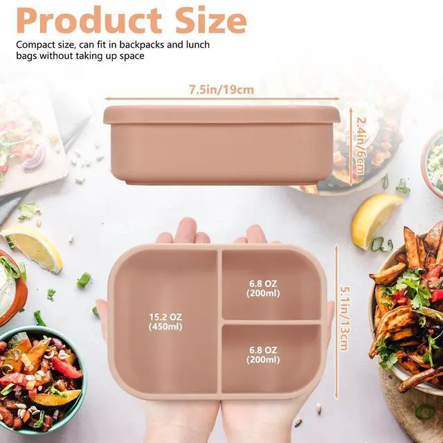 Alt view image 2 of 7 - Leak-proof Silicone Bento Lunch Box, Silicone Lunch Container with 3 Individually Sealed Compartments, Snack Bento Box, Microwave & Dishwasher Safe, Beige