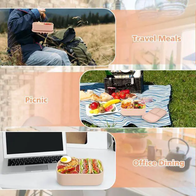 Alt view image 7 of 7 - Leak-proof Silicone Bento Lunch Box, Silicone Lunch Container with 3 Individually Sealed Compartments, Snack Bento Box, Microwave & Dishwasher Safe, Beige