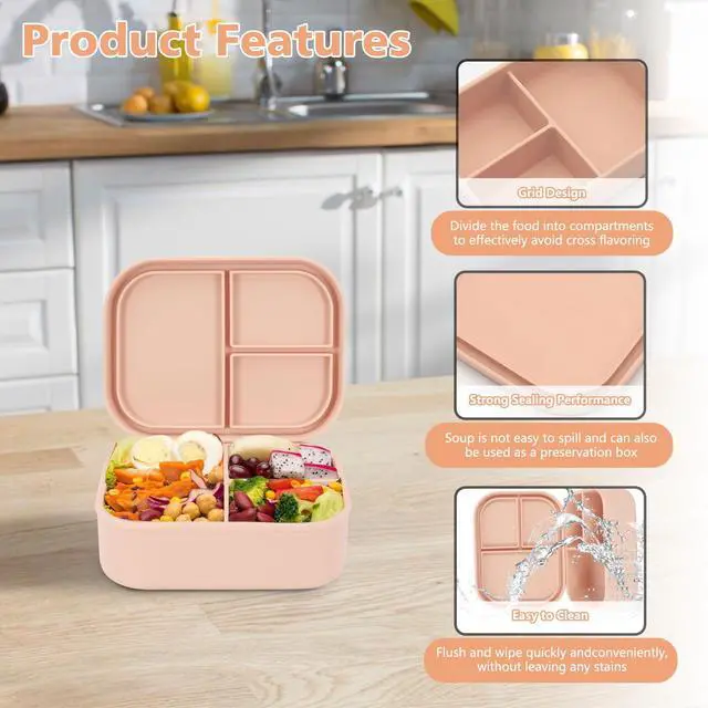 Alt view image 4 of 7 - Leak-proof Silicone Bento Lunch Box, Silicone Lunch Container with 3 Individually Sealed Compartments, Snack Bento Box, Microwave & Dishwasher Safe, Beige