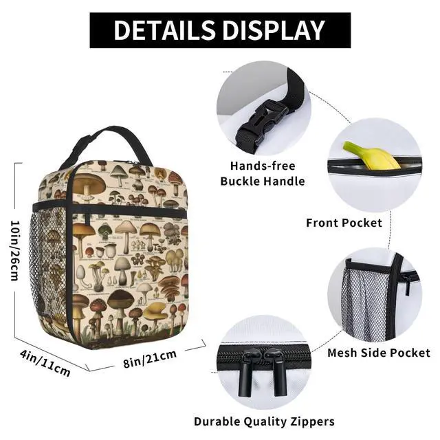 Alt view image 6 of 6 - Botanical Mushroom Lunch Box for Women Men, Insulated Lunch Box, Reusable Lunch Bag for Office, Work, Picnic, Travel