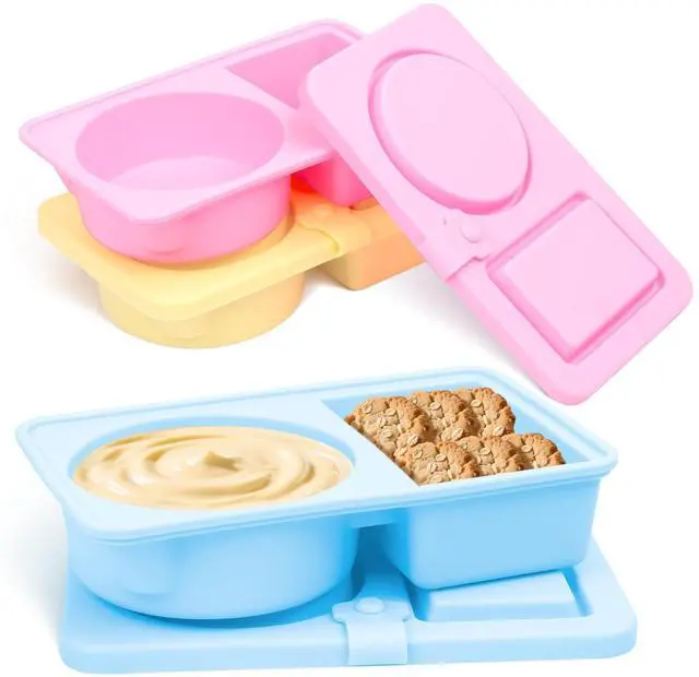 Main image of 3 Pack Silicone Reusable Snack Containers with Lids, Cute Double Compartment Snackle Box Containersfor Dips Salad Condiment, Small Food Snack Case for Travel, School, Picnics