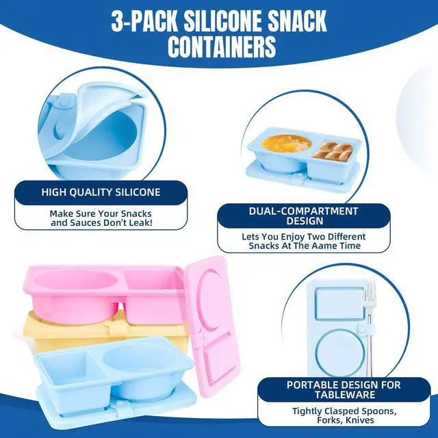 Alt view image 3 of 7 - 3 Pack Silicone Reusable Snack Containers with Lids, Cute Double Compartment Snackle Box Containersfor Dips Salad Condiment, Small Food Snack Case for Travel, School, Picnics