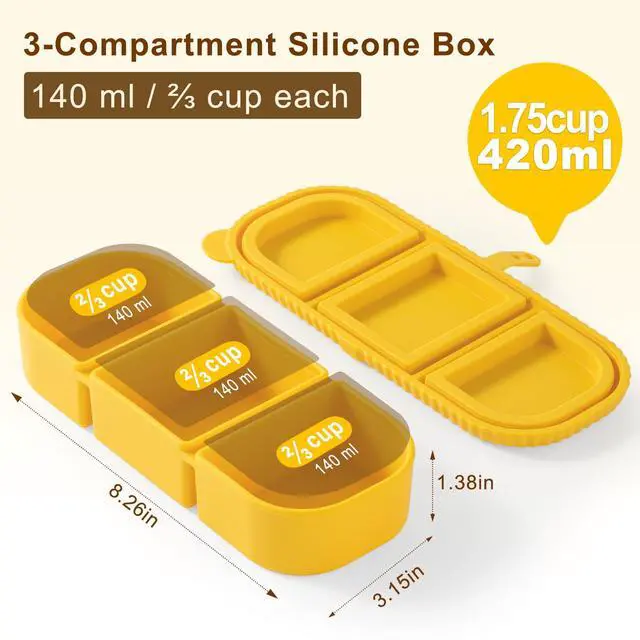 Alt view image 2 of 7 - Silicone Snack Containers for Kids, 3-Compartment Reusable Small Snackle Box with Airtight Lids for Lunchable, Sauce, School, Travel, Work1Pack-14oz