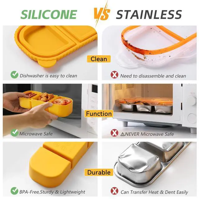Alt view image 3 of 7 - Silicone Snack Containers for Kids, 3-Compartment Reusable Small Snackle Box with Airtight Lids for Lunchable, Sauce, School, Travel, Work1Pack-14oz