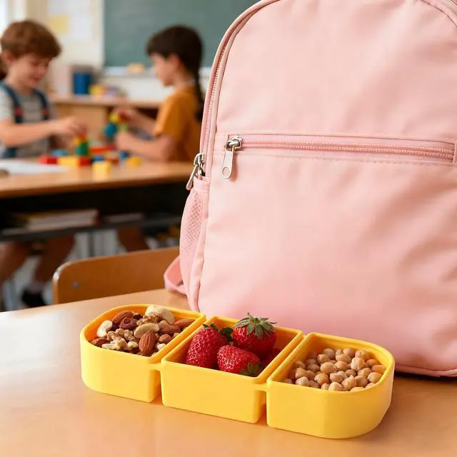 Alt view image 6 of 7 - Silicone Snack Containers for Kids, 3-Compartment Reusable Small Snackle Box with Airtight Lids for Lunchable, Sauce, School, Travel, Work1Pack-14oz