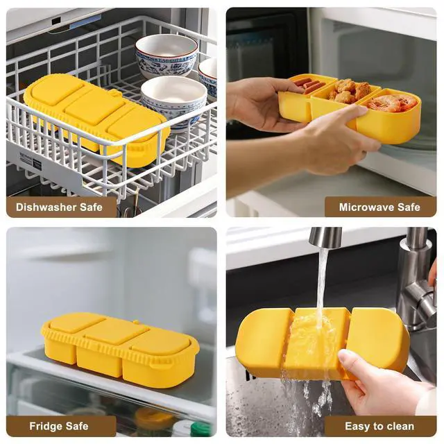 Alt view image 7 of 7 - Silicone Snack Containers for Kids, 3-Compartment Reusable Small Snackle Box with Airtight Lids for Lunchable, Sauce, School, Travel, Work1Pack-14oz