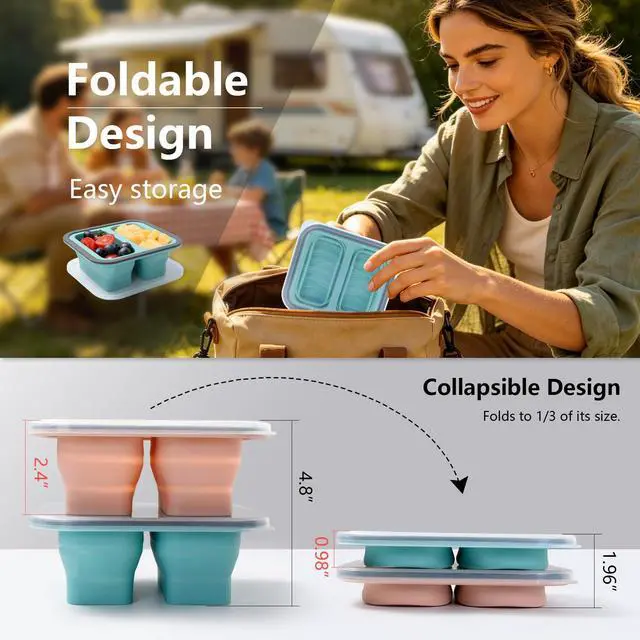 Alt view image 4 of 7 - Mint Green Folding Silicone Food Storage Box With Lid, Heat Resistant For Home Travel Kitchen Use