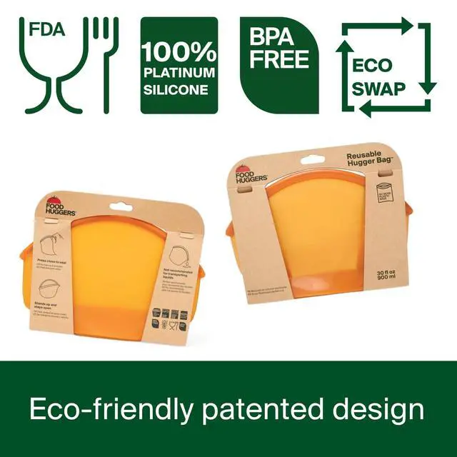 Alt view image 4 of 7 - Hugger Bags Silicone Reusable Lunch & Snack Bag Durable Storage, BPA Free, Dishwasher & Freezer Safe, Stand-Up Resealable Produce Pouch | Large 30 fl oz, Amber