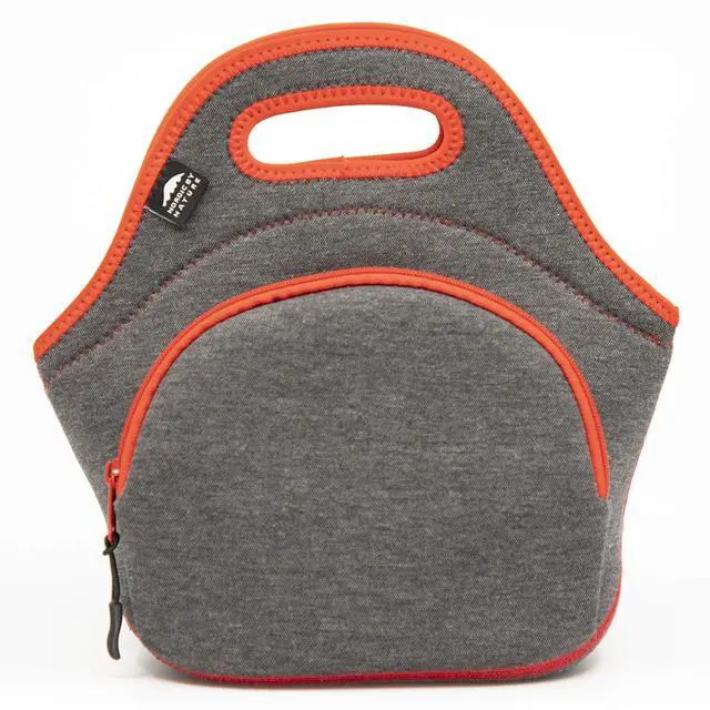 Main image of Insulated Neoprene Lunch Bag, Soft & Foldable Washable & Reusable Extra-Pocket (M) Dark Grey/Red