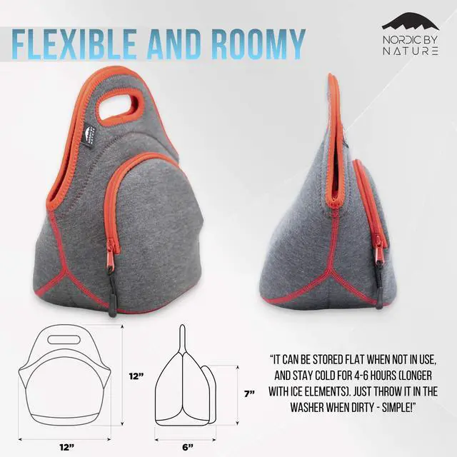 Alt view image 3 of 6 - Insulated Neoprene Lunch Bag, Soft & Foldable Washable & Reusable Extra-Pocket (M) Dark Grey/Red