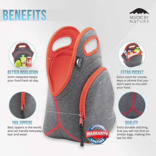 Alt view image 4 of 6 - Insulated Neoprene Lunch Bag, Soft & Foldable Washable & Reusable Extra-Pocket (M) Dark Grey/Red