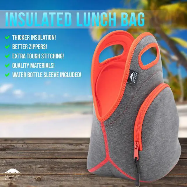 Alt view image 2 of 6 - Insulated Neoprene Lunch Bag, Soft & Foldable Washable & Reusable Extra-Pocket (M) Dark Grey/Red