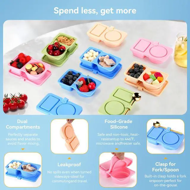 Alt view image 3 of 7 - 8 Pack Silicone Reusable Snack Containers with Lids - Mini Containers 2 Compartments, Portable Silicone Food Storage Box - for Kids& Adults, BPA-Free & Leakproof, Small for Snacks,School,Office,Picnic