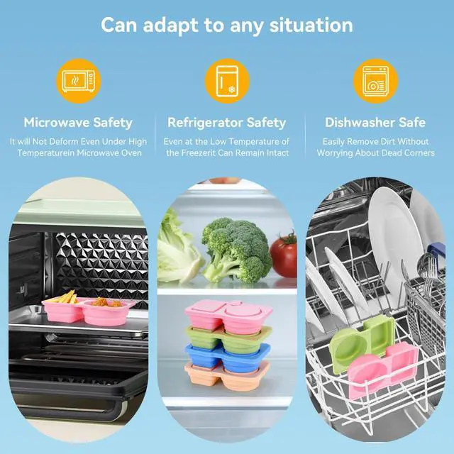 Alt view image 4 of 7 - 8 Pack Silicone Reusable Snack Containers with Lids - Mini Containers 2 Compartments, Portable Silicone Food Storage Box - for Kids& Adults, BPA-Free & Leakproof, Small for Snacks,School,Office,Picnic