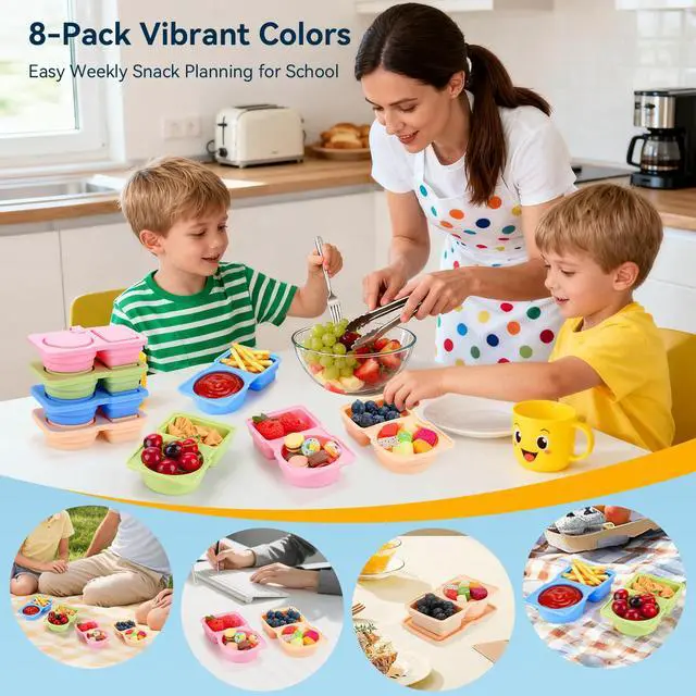 Alt view image 6 of 7 - 8 Pack Silicone Reusable Snack Containers with Lids - Mini Containers 2 Compartments, Portable Silicone Food Storage Box - for Kids& Adults, BPA-Free & Leakproof, Small for Snacks,School,Office,Picnic