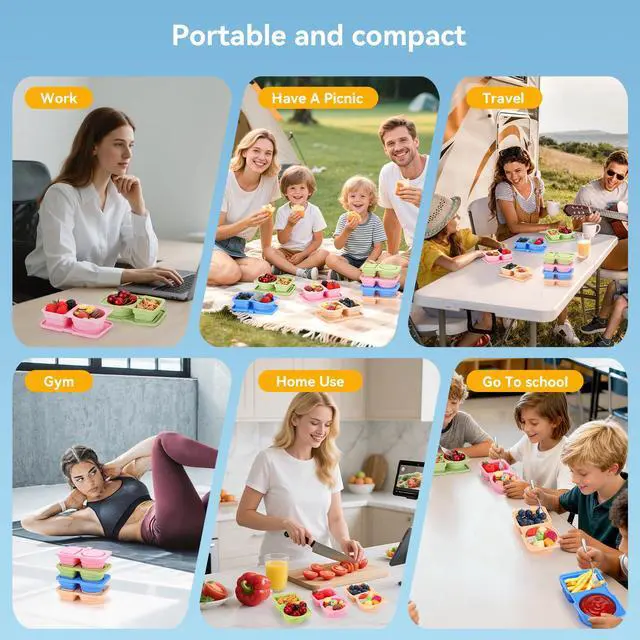 Alt view image 7 of 7 - 8 Pack Silicone Reusable Snack Containers with Lids - Mini Containers 2 Compartments, Portable Silicone Food Storage Box - for Kids& Adults, BPA-Free & Leakproof, Small for Snacks,School,Office,Picnic