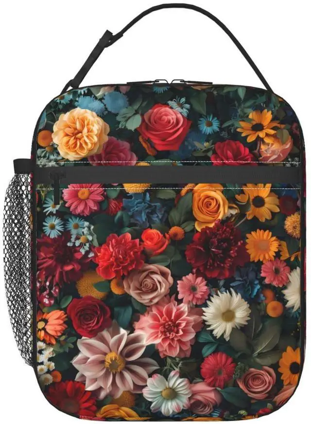 Main image of Colorful Elegant Floral Print Insulated Lunch Box Gifts for Kids Adults Vibrant Flower Design Reusable Portable Lunchbox Cooler Lunchbag for Work Picnic School Travel or Hiking