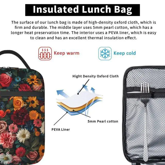 Alt view image 5 of 7 - Colorful Elegant Floral Print Insulated Lunch Box Gifts for Kids Adults Vibrant Flower Design Reusable Portable Lunchbox Cooler Lunchbag for Work Picnic School Travel or Hiking