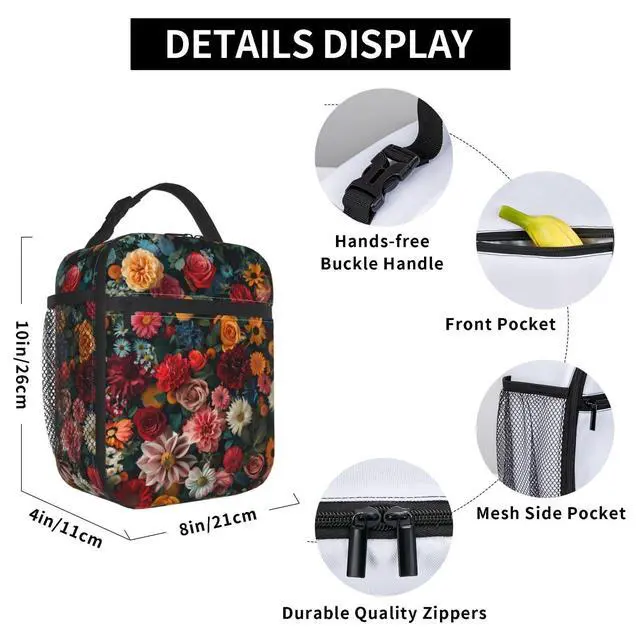 Alt view image 6 of 7 - Colorful Elegant Floral Print Insulated Lunch Box Gifts for Kids Adults Vibrant Flower Design Reusable Portable Lunchbox Cooler Lunchbag for Work Picnic School Travel or Hiking