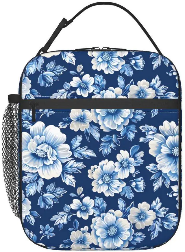 Main image of Insulated Lunch Box for Women Men, Blue Floral Theme Lunch Box Reusable Portable Lunch Bag Cooler Tote Waterproof Lunch Container for Office Picnic Work Travel