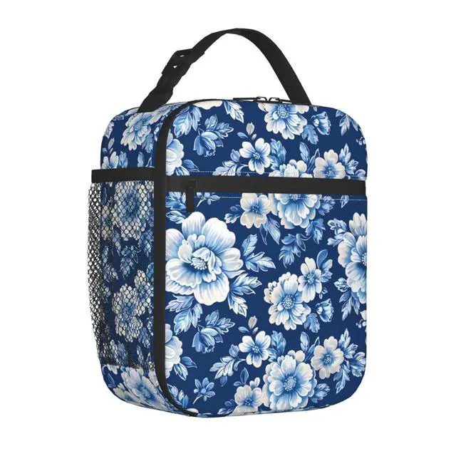 Alt view image 2 of 7 - Insulated Lunch Box for Women Men, Blue Floral Theme Lunch Box Reusable Portable Lunch Bag Cooler Tote Waterproof Lunch Container for Office Picnic Work Travel