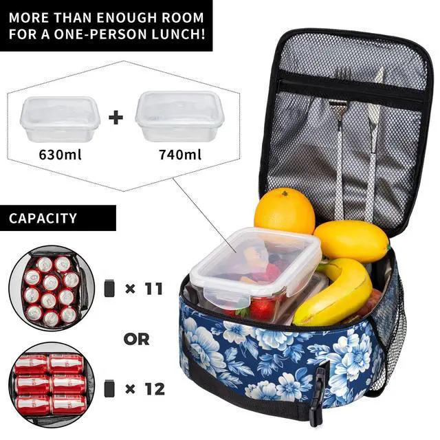 Alt view image 4 of 7 - Insulated Lunch Box for Women Men, Blue Floral Theme Lunch Box Reusable Portable Lunch Bag Cooler Tote Waterproof Lunch Container for Office Picnic Work Travel