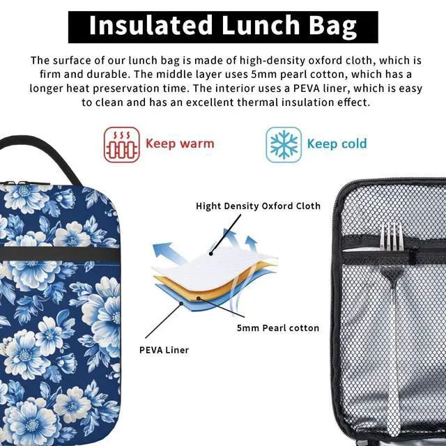 Alt view image 5 of 7 - Insulated Lunch Box for Women Men, Blue Floral Theme Lunch Box Reusable Portable Lunch Bag Cooler Tote Waterproof Lunch Container for Office Picnic Work Travel