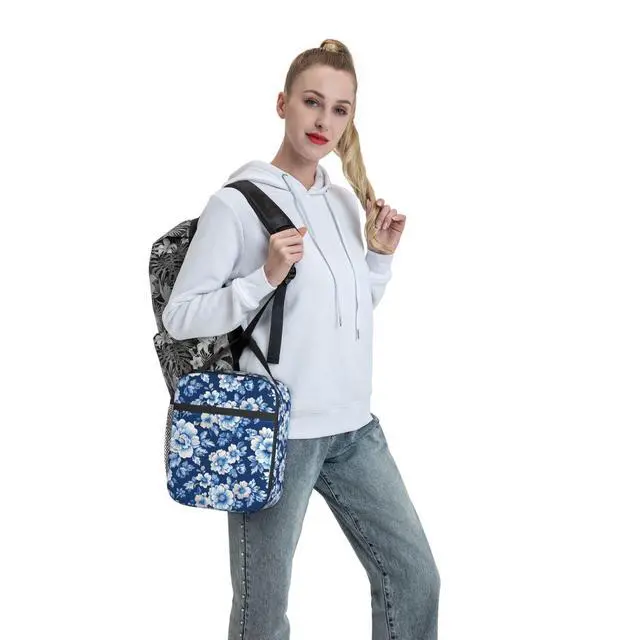 Alt view image 7 of 7 - Insulated Lunch Box for Women Men, Blue Floral Theme Lunch Box Reusable Portable Lunch Bag Cooler Tote Waterproof Lunch Container for Office Picnic Work Travel