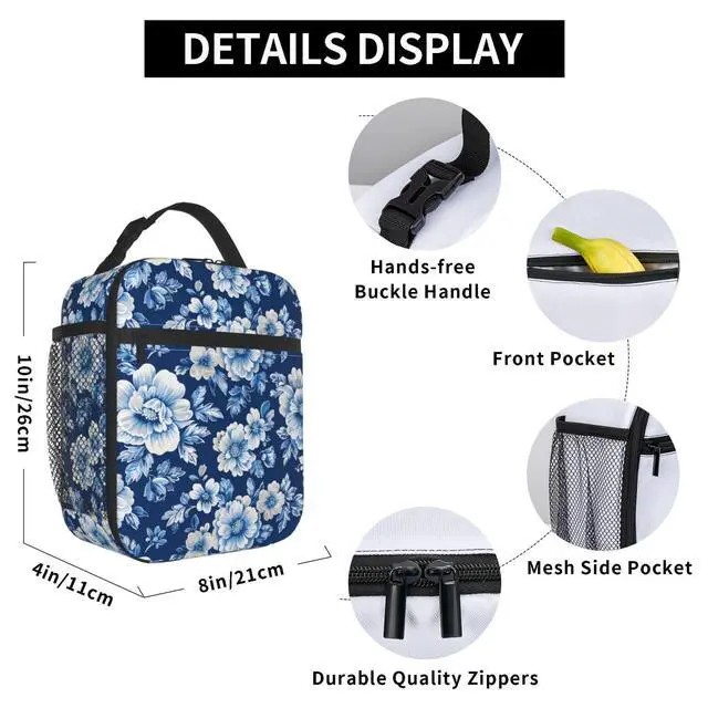 Alt view image 6 of 7 - Insulated Lunch Box for Women Men, Blue Floral Theme Lunch Box Reusable Portable Lunch Bag Cooler Tote Waterproof Lunch Container for Office Picnic Work Travel