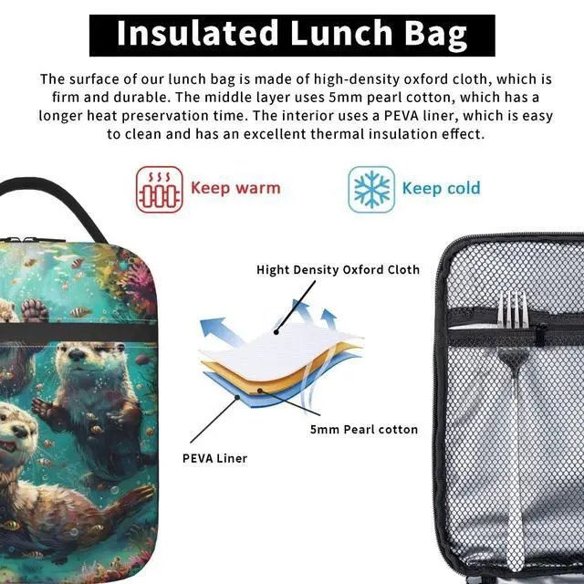 Alt view image 5 of 6 - Lunch Box for Women Men, Otters Insulated Lunch Box Reusable Portable Lunch Bag Cooler Tote Waterproof Lunch Container for Office Picnic Work Travel Hiking