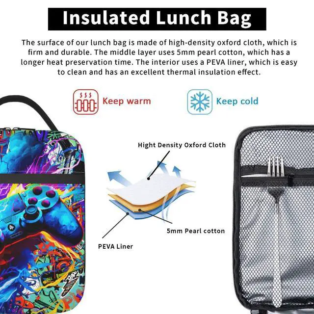 Alt view image 6 of 7 - Video Game Joystick Funny Portable Abstract Colorful Lunch Bag Insulated Lunch Box Reusable Totes For Women Men Work Picnic Camping