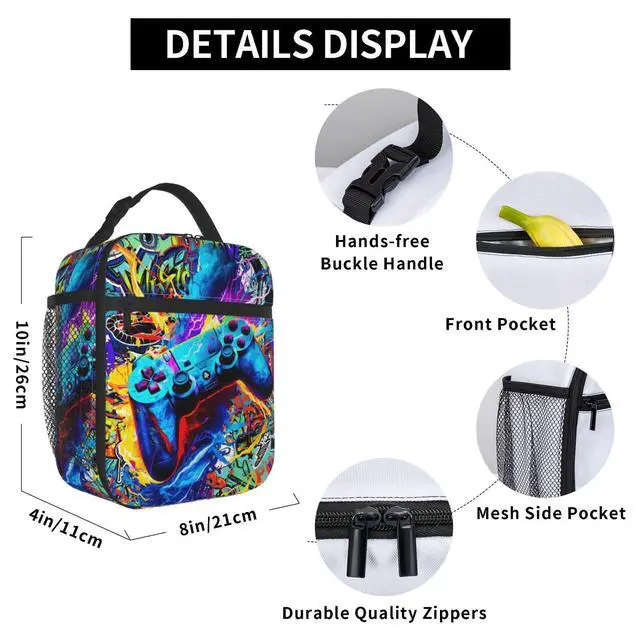 Alt view image 7 of 7 - Video Game Joystick Funny Portable Abstract Colorful Lunch Bag Insulated Lunch Box Reusable Totes For Women Men Work Picnic Camping