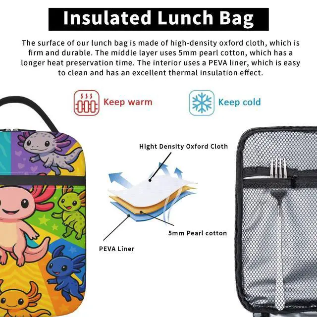 Alt view image 4 of 5 - Colorful Axolotl Lunch Bag for Women Men Adults, Insulated Lunch Box for Work, Sports, Travel, Picnic,Hiking, Fishing, Cute Cartoon Salamander Theme Lunchbox Gifts