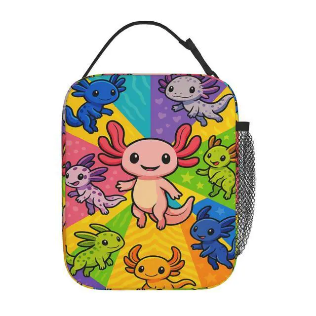 Alt view image 3 of 5 - Colorful Axolotl Lunch Bag for Women Men Adults, Insulated Lunch Box for Work, Sports, Travel, Picnic,Hiking, Fishing, Cute Cartoon Salamander Theme Lunchbox Gifts
