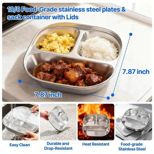 Alt view image 2 of 7 - 3 Pack Snack Containers,Lunch Box Containers,Food Grade Metal Base with a BPA Free Leakproof & Airtight Silicone Lid,Reusable Airtight Bento lunch Boxes, Kitchen Storage, Freezer (3 color) (Blue)