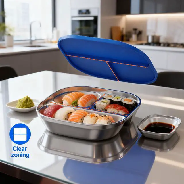 Alt view image 5 of 7 - 3 Pack Snack Containers,Lunch Box Containers,Food Grade Metal Base with a BPA Free Leakproof & Airtight Silicone Lid,Reusable Airtight Bento lunch Boxes, Kitchen Storage, Freezer (3 color) (Blue)
