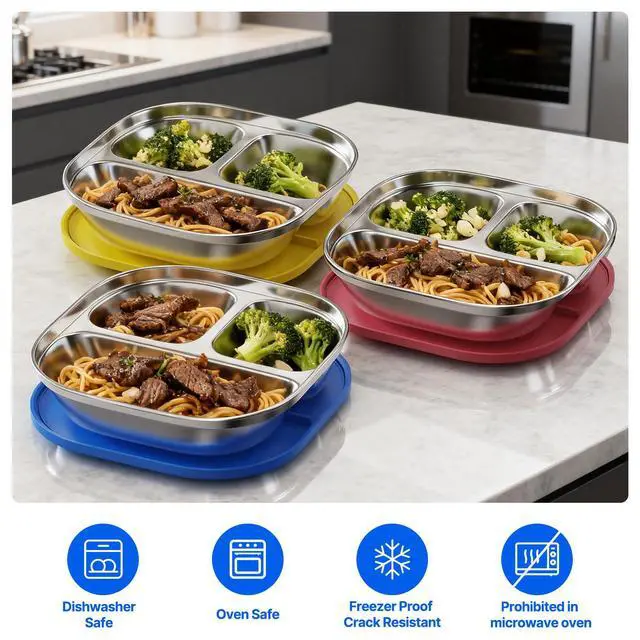 Alt view image 4 of 7 - 3 Pack Snack Containers,Lunch Box Containers,Food Grade Metal Base with a BPA Free Leakproof & Airtight Silicone Lid,Reusable Airtight Bento lunch Boxes, Kitchen Storage, Freezer (3 color) (Blue)