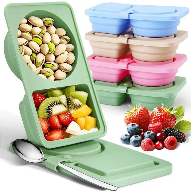 Alt view image 2 of 7 - 4 PCS Reusable Silicone Snack Containers with Lids,Double Compartment Food Storage Jars-BPA-Free,Leak-Proof Snack Boxes for Adults,Kids,Toddlers-Ideal for School,Office,Travel,Gym&Picnics