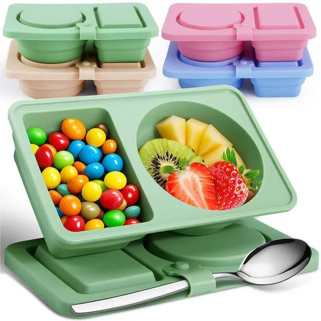Alt view image 3 of 7 - 4 PCS Reusable Silicone Snack Containers with Lids,Double Compartment Food Storage Jars-BPA-Free,Leak-Proof Snack Boxes for Adults,Kids,Toddlers-Ideal for School,Office,Travel,Gym&Picnics