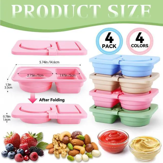 Alt view image 4 of 7 - 4 PCS Reusable Silicone Snack Containers with Lids,Double Compartment Food Storage Jars-BPA-Free,Leak-Proof Snack Boxes for Adults,Kids,Toddlers-Ideal for School,Office,Travel,Gym&Picnics