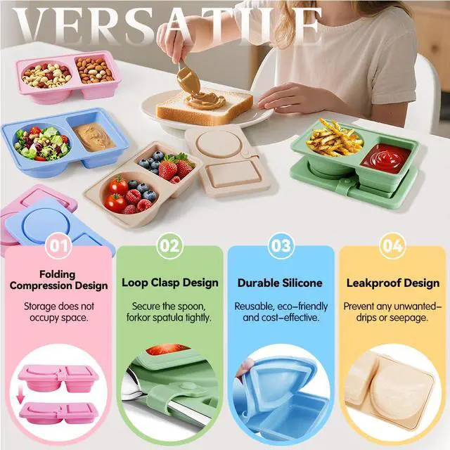Alt view image 5 of 7 - 4 PCS Reusable Silicone Snack Containers with Lids,Double Compartment Food Storage Jars-BPA-Free,Leak-Proof Snack Boxes for Adults,Kids,Toddlers-Ideal for School,Office,Travel,Gym&Picnics