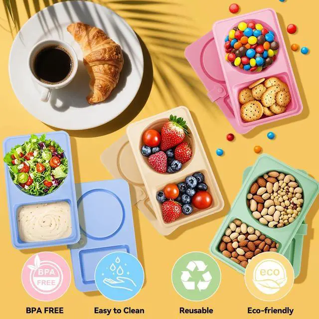 Alt view image 7 of 7 - 4 PCS Reusable Silicone Snack Containers with Lids,Double Compartment Food Storage Jars-BPA-Free,Leak-Proof Snack Boxes for Adults,Kids,Toddlers-Ideal for School,Office,Travel,Gym&Picnics