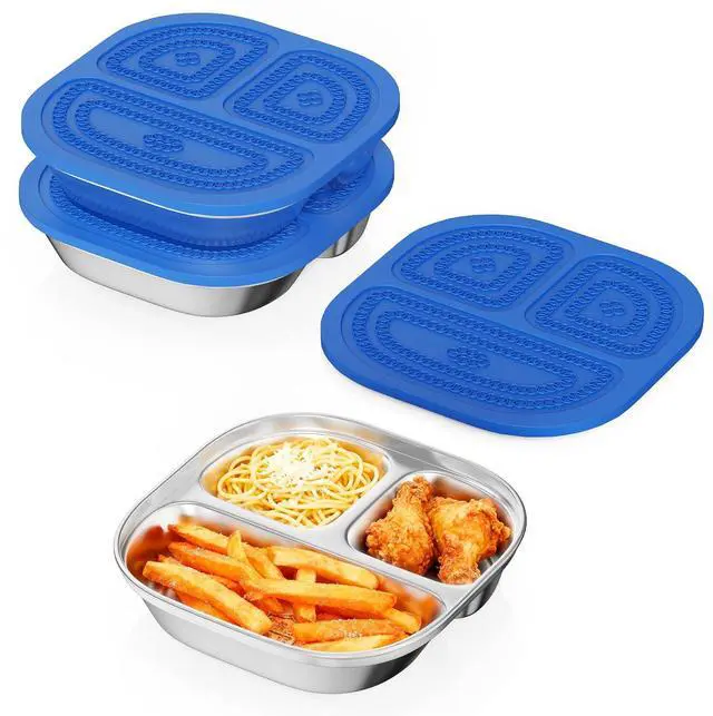 Main image of 3 Pack Snack Containers,Lunch Box Containers,Food Grade Metal Base with a BPA Free Leakproof & Airtight Silicone Lid,Reusable Airtight Bento lunch Boxes, Kitchen Storage, Freezer (3 color) (Blue)