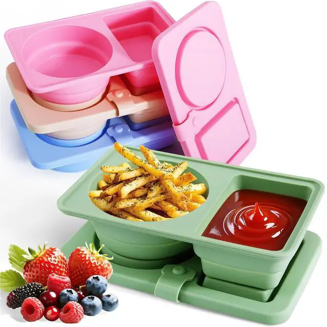 Main image of 4 PCS Reusable Silicone Snack Containers with Lids,Double Compartment Food Storage Jars-BPA-Free,Leak-Proof Snack Boxes for Adults,Kids,Toddlers-Ideal for School,Office,Travel,Gym&Picnics