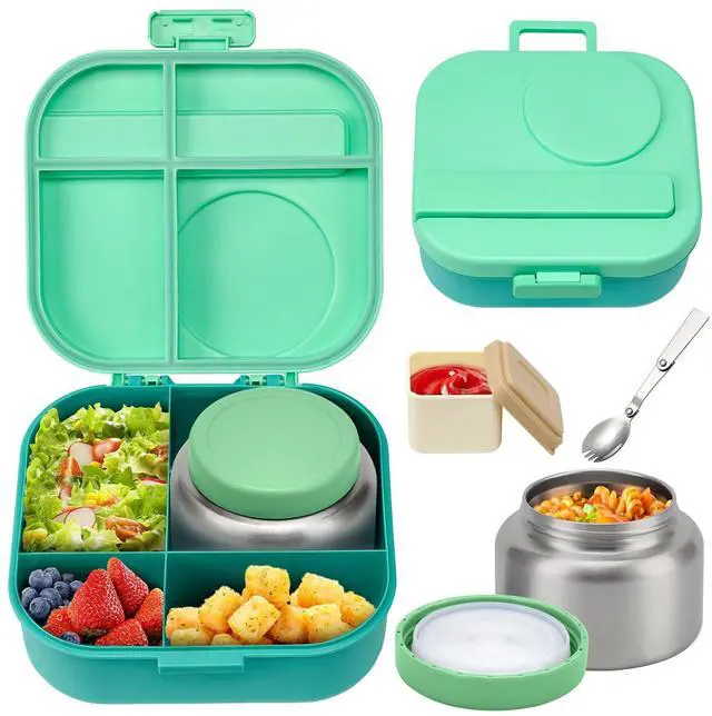 Main image of Bento Lunch Box with 12oz Soup Thermo,4 Compartments Lunch Box Containers, Spoon&Sauce Jar, BPA Free&Leak proof,Insulated Food Jar for Travel (Green)