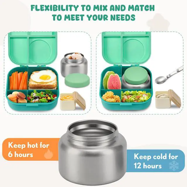 Alt view image 3 of 7 - Bento Lunch Box with 12oz Soup Thermo,4 Compartments Lunch Box Containers, Spoon&Sauce Jar, BPA Free&Leak proof,Insulated Food Jar for Travel (Green)