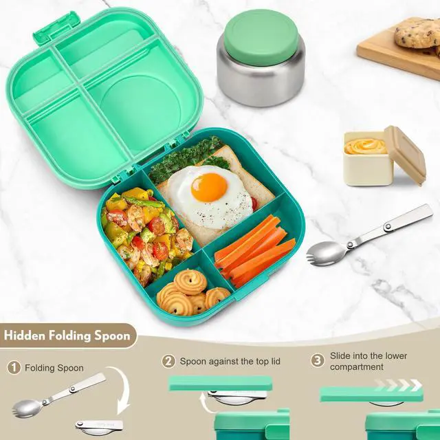 Alt view image 7 of 7 - Bento Lunch Box with 12oz Soup Thermo,4 Compartments Lunch Box Containers, Spoon&Sauce Jar, BPA Free&Leak proof,Insulated Food Jar for Travel (Green)