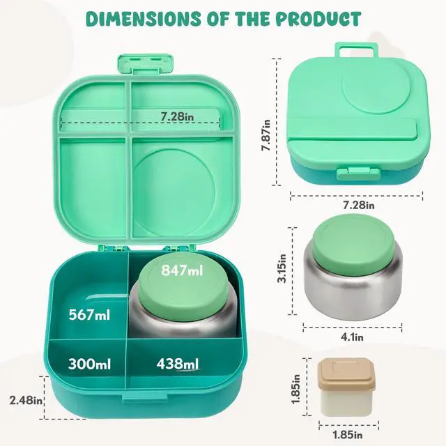 Alt view image 6 of 7 - Bento Lunch Box with 12oz Soup Thermo,4 Compartments Lunch Box Containers, Spoon&Sauce Jar, BPA Free&Leak proof,Insulated Food Jar for Travel (Green)