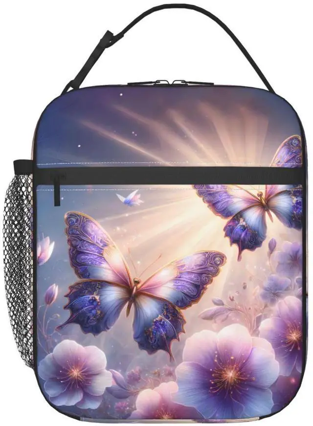 Main image of Purple Butterfly Polyester Lunch Box for Kids Teen,Cute Reusable Thermal Lunch Bag for Adult Women,Flower Insulated Tote Cooler Bags for School, Work, Picnic,Travel,Floral Butterflies Design